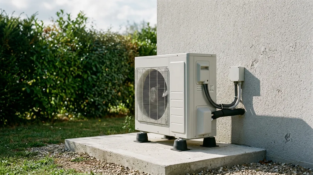 Groupe extérieur de PAC sur dalle et plots antivibratiles